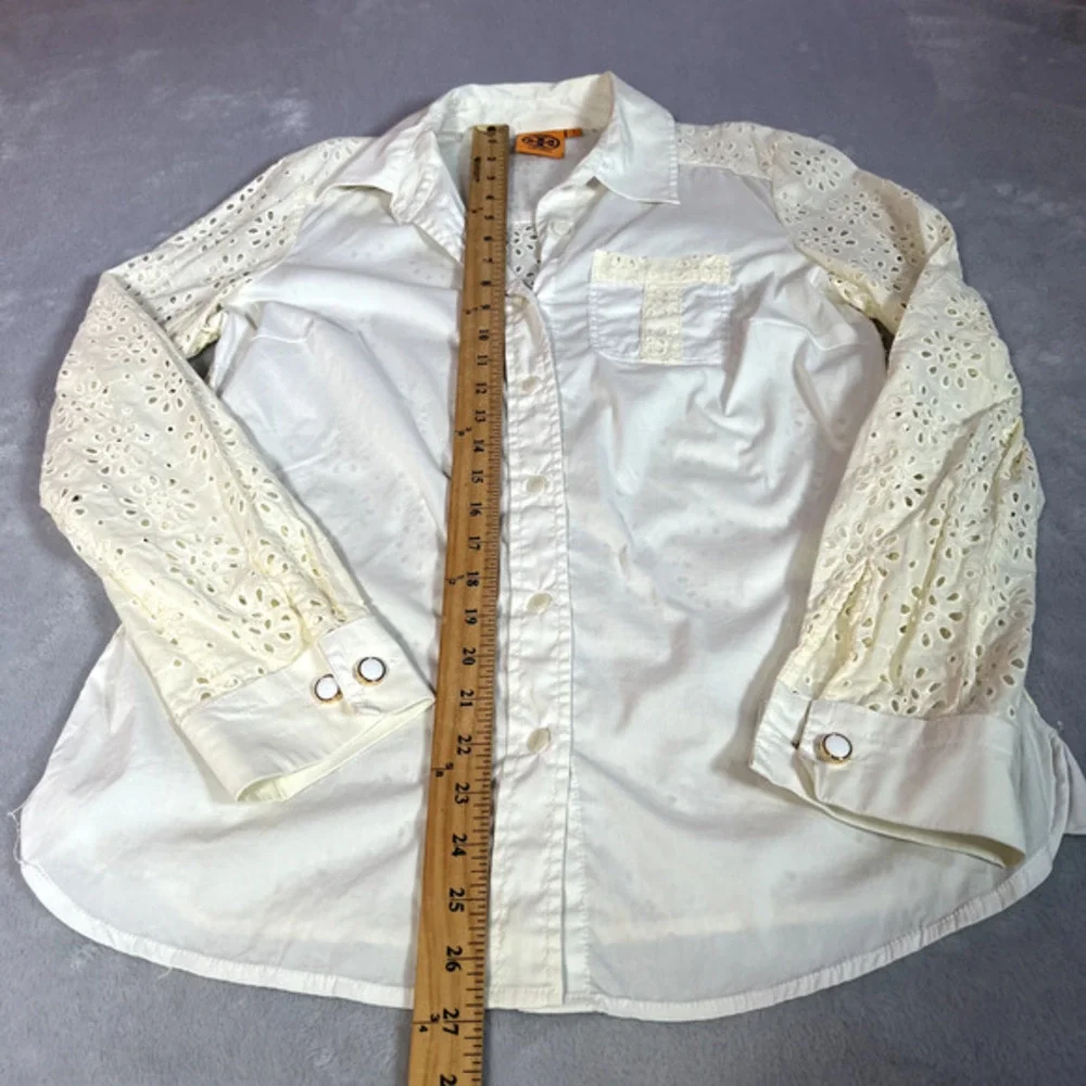 Tory Burch Blouse Womens Size 8 Off White Cream Top Eyelet Button Down Cuff Link